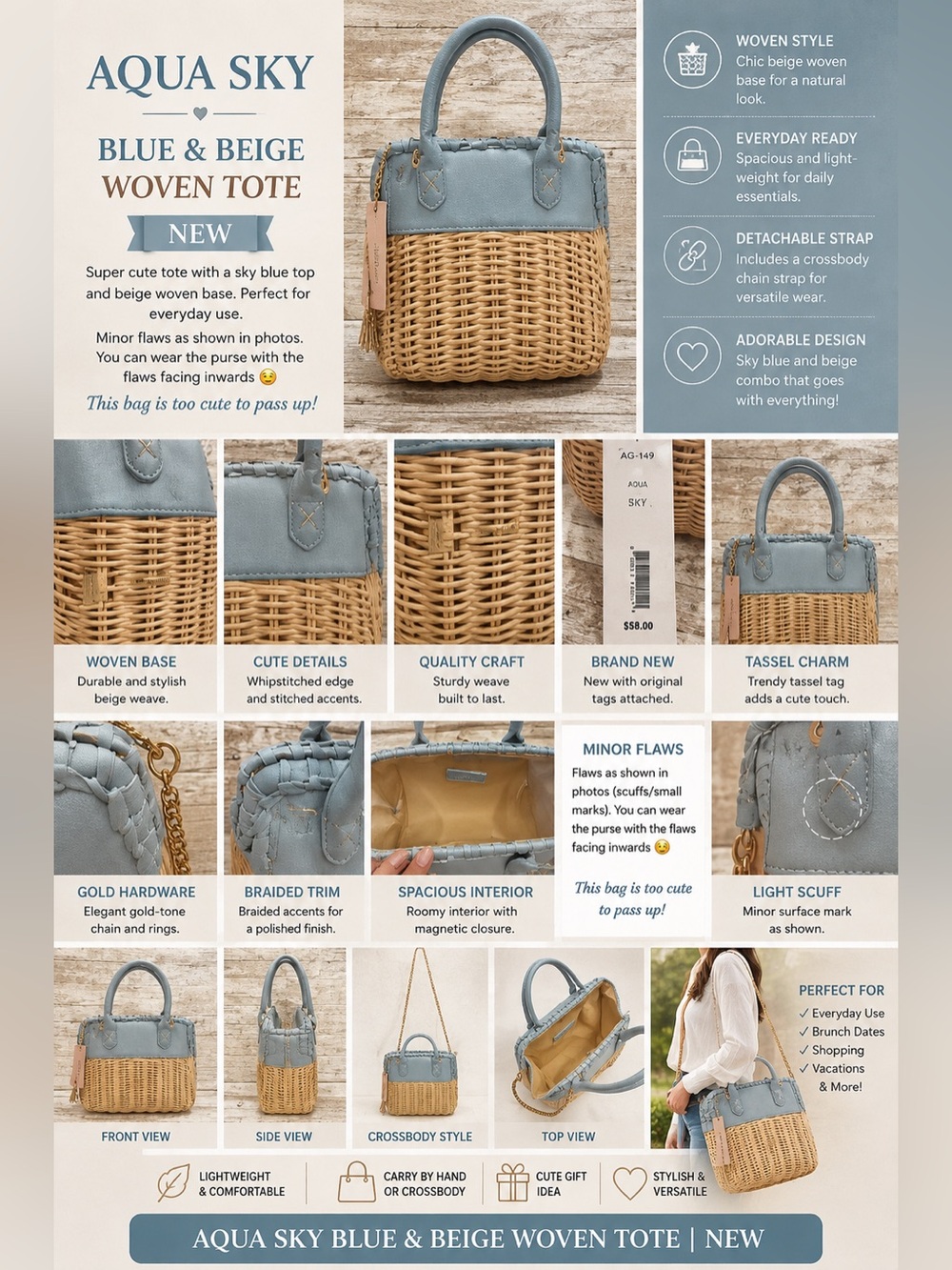 Aqua Sky Blue and Beige Woven Tote NEW